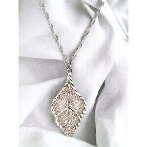 Vintage 925 Sterling Silver Leaf Lace Pendant Necklace Signed NF
